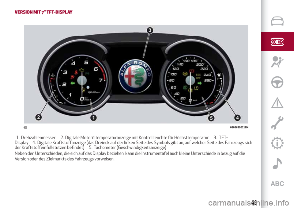 Alfa Romeo Giulia 2017 Betriebsanleitung (in German) VERSION MIT 7” TFT-DISPLAY
1. Drehzahlenmesser 2. Digitale Motoröltemperaturanzeige mit Kontrollleuchte für Höchsttemperatur 3. TFT-
Display 4. Digitale Kraftstoffanzeige (das Dreieck auf der lin Alfa Romeo Giulia 2017 Betriebsanleitung (in German) VERSION MIT 7” TFT-DISPLAY
1. Drehzahlenmesser 2. Digitale Motoröltemperaturanzeige mit Kontrollleuchte für Höchsttemperatur 3. TFT-
Display 4. Digitale Kraftstoffanzeige (das Dreieck auf der lin