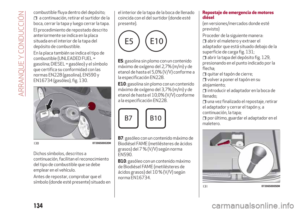 Alfa Romeo Giulia 2017  Manual del propietario (in Spanish) combustible fluya dentro del depósito;
a continuación, retirar el surtidor de la
boca, cerrar la tapa y luego cerrar la tapa.
El procedimiento de repostado descrito
anteriormente se indica en la pla