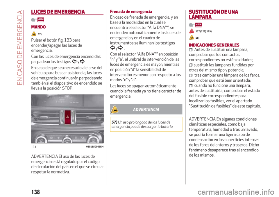 Alfa Romeo Giulia 2017  Manual del propietario (in Spanish) LUCES DE EMERGENCIA
MANDO
57)
Pulsar el botón fig. 133 para
encender/apagar las luces de
emergencia.
Con las luces de emergencia encendidas
parpadean los testigos
y.
En caso de que sea necesario alej