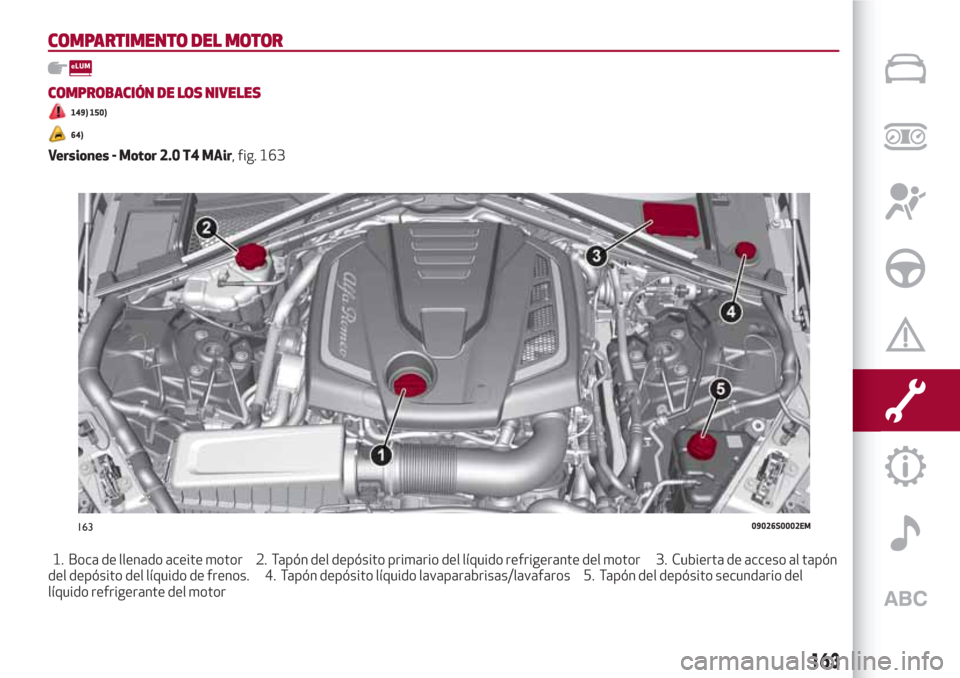 Alfa Romeo Giulia 2017  Manual del propietario (in Spanish) COMPARTIMENTO DEL MOTOR
COMPROBACIÓN DE LOS NIVELES
149) 150)
64)
Versiones - Motor 2.0 T4 MAir, fig. 163
1. Boca de llenado aceite motor 2. Tapón del depósito primario del líquido refrigerante de