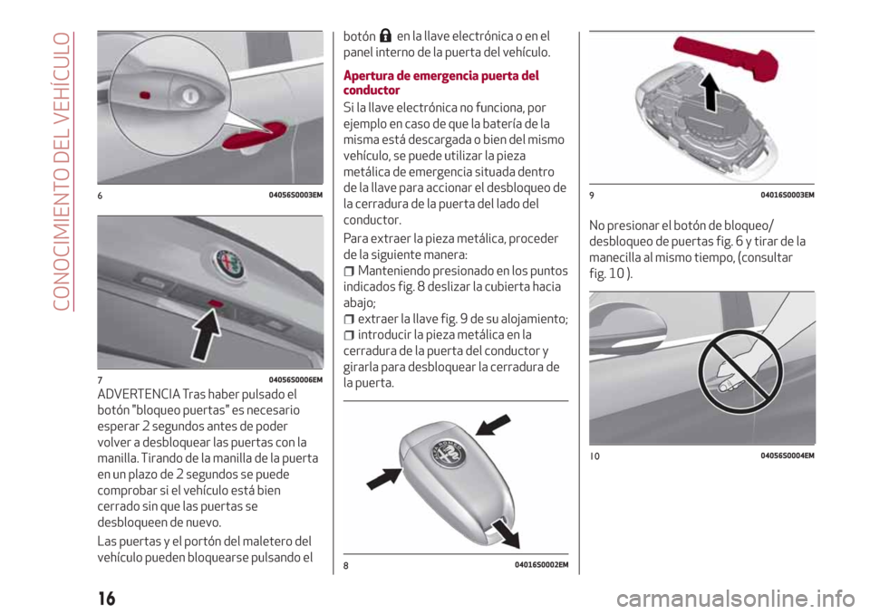 Alfa Romeo Giulia 2017  Manual del propietario (in Spanish) ADVERTENCIA Tras haber pulsado el
botón "bloqueo puertas" es necesario
esperar 2 segundos antes de poder
volver a desbloquear las puertas con la
manilla. Tirando de la manilla de la puerta
en un plaz