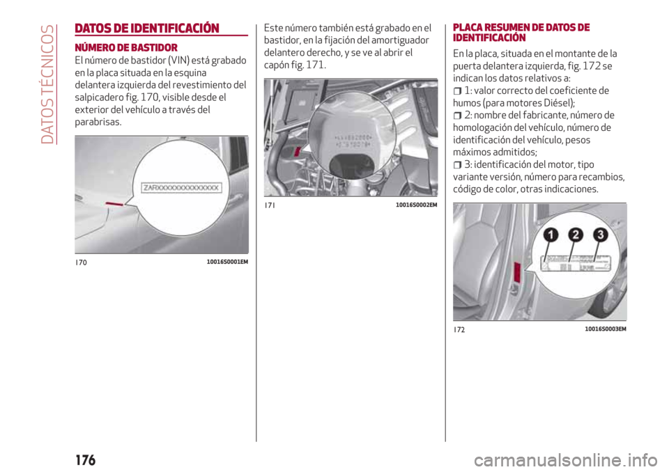 Alfa Romeo Giulia 2017  Manual del propietario (in Spanish) DATOS DE IDENTIFICACIÓN
NÚMERO DE BASTIDOR
El número de bastidor (VIN) está grabado
en la placa situada en la esquina
delantera izquierda del revestimiento del
salpicadero fig. 170, visible desde 