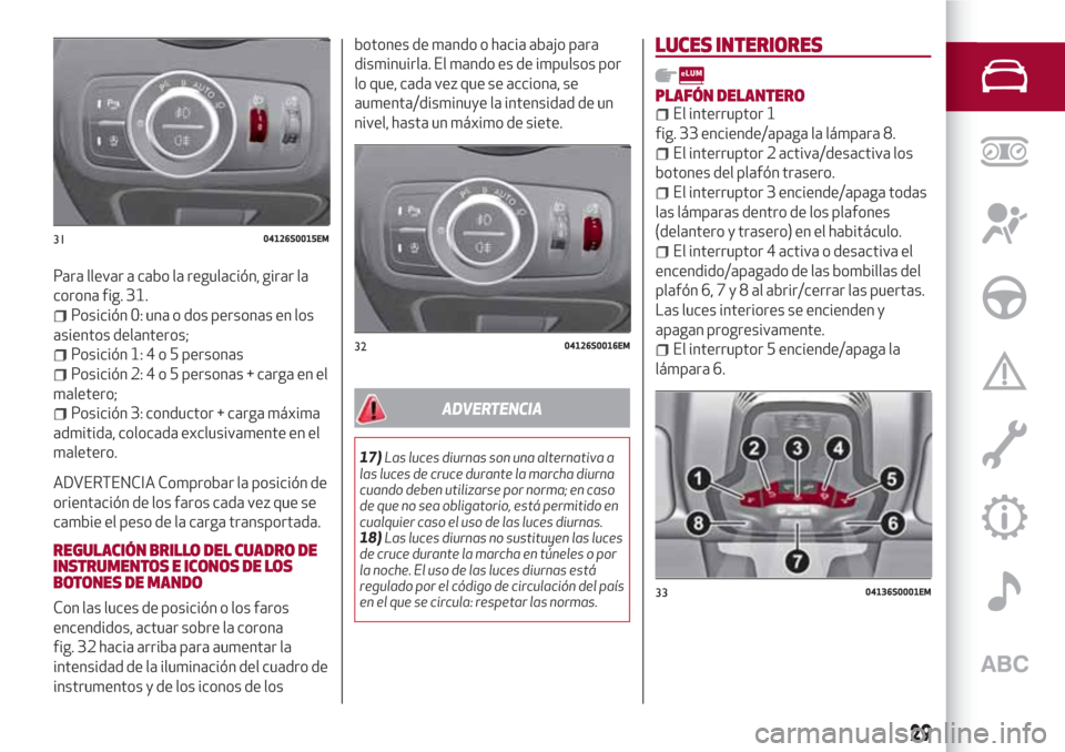 Alfa Romeo Giulia 2017 Manual del propietario (in Spanish) Para llevar a cabo la regulación, girar la
corona fig. 31.
Posición 0: una o dos personas en los
asientos delanteros;
Posición 1:4o5personas
Posición 2:4o5personas + carga en el
maletero;
Posició Alfa Romeo Giulia 2017 Manual del propietario (in Spanish) Para llevar a cabo la regulación, girar la
corona fig. 31.
Posición 0: una o dos personas en los
asientos delanteros;
Posición 1:4o5personas
Posición 2:4o5personas + carga en el
maletero;
Posició