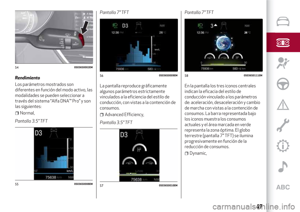 Alfa Romeo Giulia 2017 Manual del propietario (in Spanish) Rendimiento
Los parámetros mostrados son
diferentes en función del modo activo, las
modalidades se pueden seleccionar a
través del sistema “Alfa DNA™ Pro” y son
las siguientes:
Normal,
Pantal Alfa Romeo Giulia 2017 Manual del propietario (in Spanish) Rendimiento
Los parámetros mostrados son
diferentes en función del modo activo, las
modalidades se pueden seleccionar a
través del sistema “Alfa DNA™ Pro” y son
las siguientes:
Normal,
Pantal