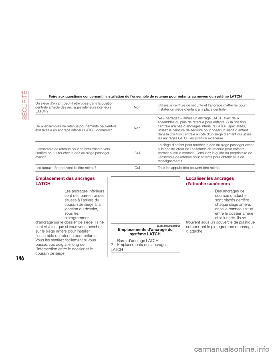 Alfa Romeo Giulia 2017  Manuel du propriétaire (in French) Foire aux questions concernant linstallation de lensemble de retenue pour enfants au moyen du système LATCH
Un siège denfant peut-il être posé dans la position
centrale à laide des ancrages i