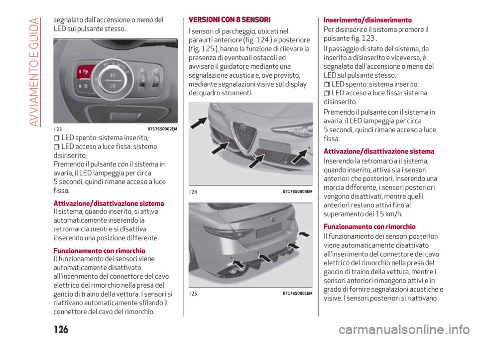 Alfa Romeo Giulia 2017 Manuale del proprietario (in Italian) segnalato dallaccensione o meno del
LED sul pulsante stesso.
LED spento: sistema inserito;
LED acceso a luce fissa: sistema
disinserito;
Premendo il pulsante con il sistema in
avaria, il LED lampeggi Alfa Romeo Giulia 2017 Manuale del proprietario (in Italian) segnalato dallaccensione o meno del
LED sul pulsante stesso.
LED spento: sistema inserito;
LED acceso a luce fissa: sistema
disinserito;
Premendo il pulsante con il sistema in
avaria, il LED lampeggi