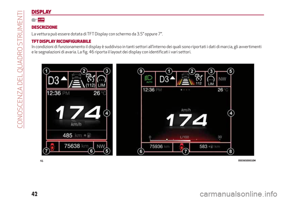 Alfa Romeo Giulia 2017 Manuale del proprietario (in Italian) DISPLAY
DESCRIZIONE
La vettura può essere dotata di TFT Display con schermo da 3.5” oppure 7”.
TFT DISPLAY RICONFIGURABILE
In condizioni di funzionamento il display è suddiviso in tanti settori Alfa Romeo Giulia 2017 Manuale del proprietario (in Italian) DISPLAY
DESCRIZIONE
La vettura può essere dotata di TFT Display con schermo da 3.5” oppure 7”.
TFT DISPLAY RICONFIGURABILE
In condizioni di funzionamento il display è suddiviso in tanti settori
