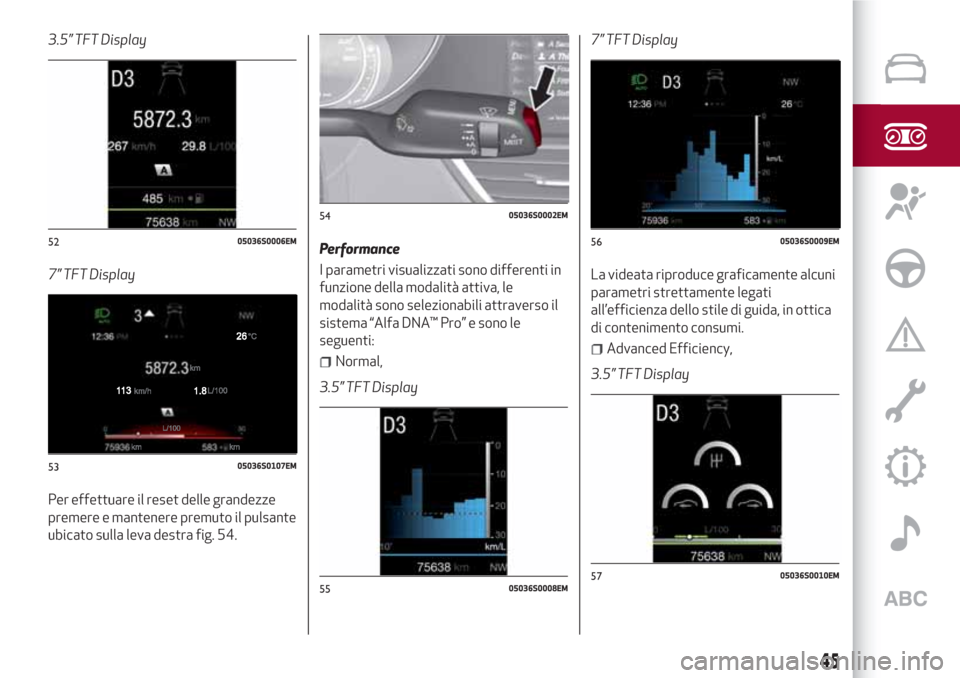Alfa Romeo Giulia 2017 Manuale del proprietario (in Italian) 3.5” TFT Display
7” TFT Display
Per effettuare il reset delle grandezze
premere e mantenere premuto il pulsante
ubicato sulla leva destra fig. 54.Performance
I parametri visualizzati sono differen Alfa Romeo Giulia 2017 Manuale del proprietario (in Italian) 3.5” TFT Display
7” TFT Display
Per effettuare il reset delle grandezze
premere e mantenere premuto il pulsante
ubicato sulla leva destra fig. 54.Performance
I parametri visualizzati sono differen