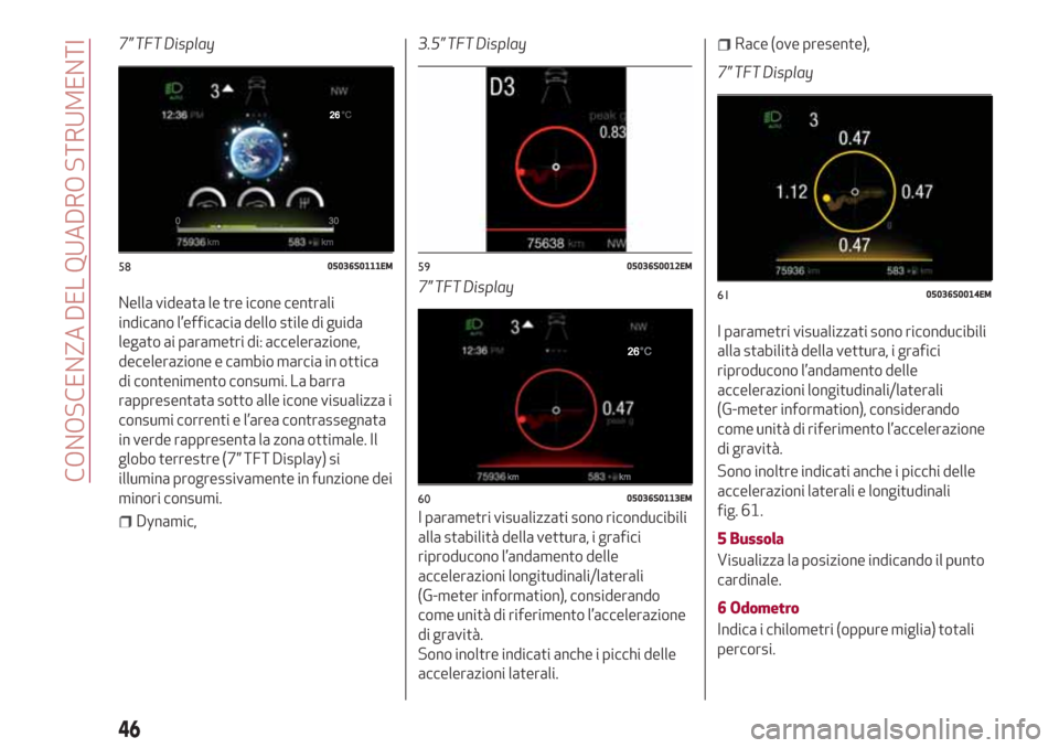 Alfa Romeo Giulia 2017  Manuale del proprietario (in Italian) 7” TFT Display
Nella videata le tre icone centrali
indicano l’efficacia dello stile di guida
legato ai parametri di: accelerazione,
decelerazione e cambio marcia in ottica
di contenimento consumi.