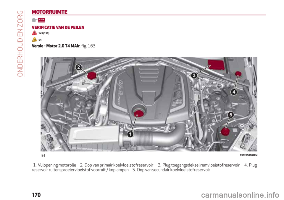 Alfa Romeo Giulia 2017 Handleiding (in Dutch) MOTORRUIMTE
VERIFICATIE VAN DE PEILEN
149) 150)
64)
Versie - Motor 2.0 T4 MAir, fig. 163
1. Vulopening motorolie 2. Dop van primair koelvloeistofreservoir 3. Plug toegangsdeksel remvloeistofreservoir Alfa Romeo Giulia 2017 Handleiding (in Dutch) MOTORRUIMTE
VERIFICATIE VAN DE PEILEN
149) 150)
64)
Versie - Motor 2.0 T4 MAir, fig. 163
1. Vulopening motorolie 2. Dop van primair koelvloeistofreservoir 3. Plug toegangsdeksel remvloeistofreservoir