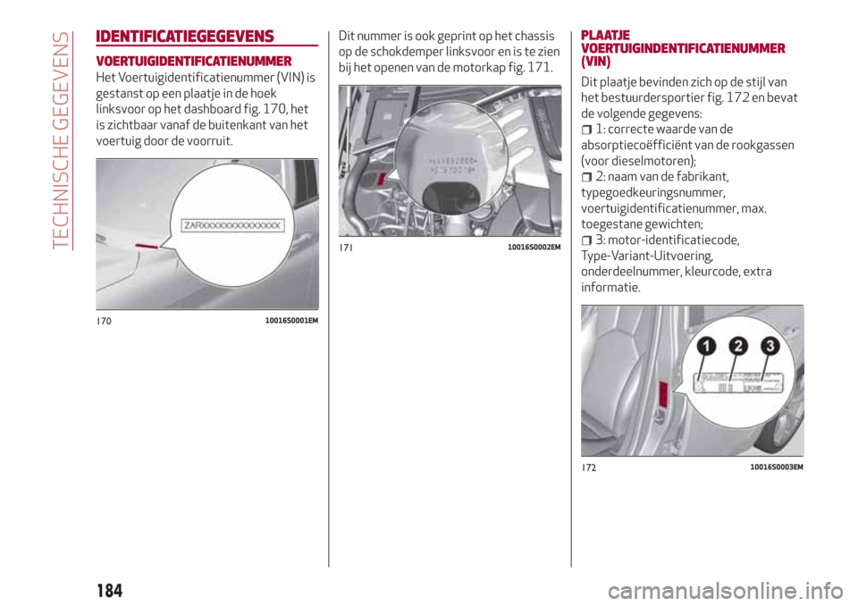 Alfa Romeo Giulia 2017 Handleiding (in Dutch) IDENTIFICATIEGEGEVENS
VOERTUIGIDENTIFICATIENUMMER
Het Voertuigidentificatienummer (VIN) is
gestanst op een plaatje in de hoek
linksvoor op het dashboard fig. 170, het
is zichtbaar vanaf de buitenkant Alfa Romeo Giulia 2017 Handleiding (in Dutch) IDENTIFICATIEGEGEVENS
VOERTUIGIDENTIFICATIENUMMER
Het Voertuigidentificatienummer (VIN) is
gestanst op een plaatje in de hoek
linksvoor op het dashboard fig. 170, het
is zichtbaar vanaf de buitenkant