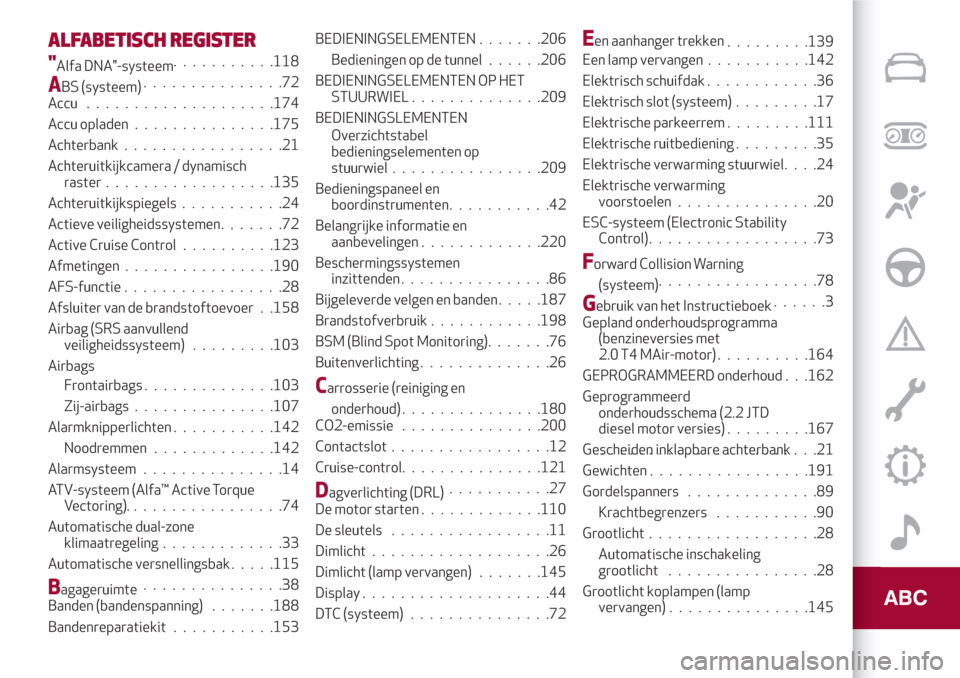 Alfa Romeo Giulia 2017  Handleiding (in Dutch) ALFABETISCH REGISTER
"Alfa DNA"-systeem...........118
ABS (systeem)...............72
Accu ....................174
Accu opladen...............175
Achterbank.................21
Achteruitkijkcamera / dyn