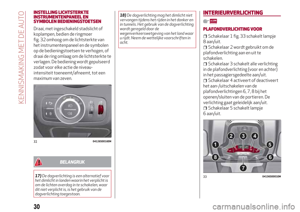 Alfa Romeo Giulia 2017  Handleiding (in Dutch) INSTELLING LICHTSTERKTE
INSTRUMENTENPANEEL EN
SYMBOLEN BEDIENINGSTOETSEN
Draai, met ingeschakeld stadslicht of
koplampen, bedien de ringmoer
fig. 32 omhoog om de lichtsterkte van
het instrumentenpanee