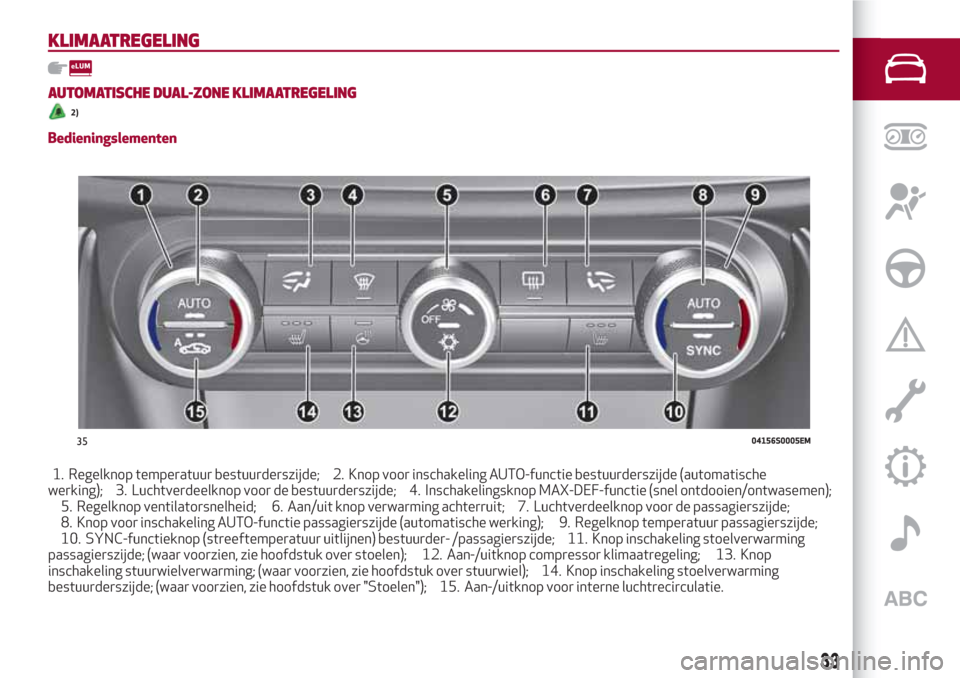 Alfa Romeo Giulia 2017 Handleiding (in Dutch) KLIMAATREGELING
AUTOMATISCHE DUAL-ZONE KLIMAATREGELING
2)
Bedieningslementen
1. Regelknop temperatuur bestuurderszijde; 2. Knop voor inschakeling AUTO-functie bestuurderszijde (automatische
werking); Alfa Romeo Giulia 2017 Handleiding (in Dutch) KLIMAATREGELING
AUTOMATISCHE DUAL-ZONE KLIMAATREGELING
2)
Bedieningslementen
1. Regelknop temperatuur bestuurderszijde; 2. Knop voor inschakeling AUTO-functie bestuurderszijde (automatische
werking);