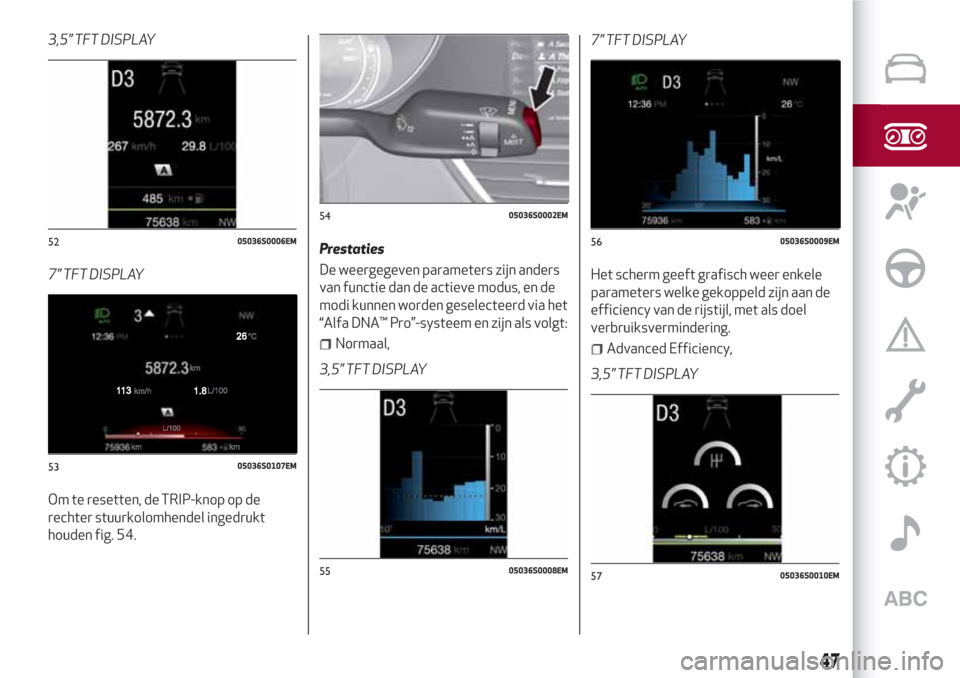 Alfa Romeo Giulia 2017 Handleiding (in Dutch) 3,5” TFT DISPLAY
7” TFT DISPLAY
Om te resetten, de TRIP-knop op de
rechter stuurkolomhendel ingedrukt
houden fig. 54.Prestaties
De weergegeven parameters zijn anders
van functie dan de actieve mod Alfa Romeo Giulia 2017 Handleiding (in Dutch) 3,5” TFT DISPLAY
7” TFT DISPLAY
Om te resetten, de TRIP-knop op de
rechter stuurkolomhendel ingedrukt
houden fig. 54.Prestaties
De weergegeven parameters zijn anders
van functie dan de actieve mod