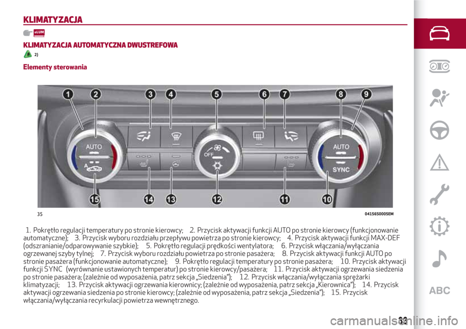 Alfa Romeo Giulia 2017  Instrukcja Obsługi (in Polish) KLIMATYZACJA
KLIMATYZACJA AUTOMATYCZNA DWUSTREFOWA
2)
Elementy sterowania
1. Pokrętło regulacji temperatury po stronie kierowcy; 2. Przycisk aktywacji funkcji AUTO po stronie kierowcy (funkcjonowani