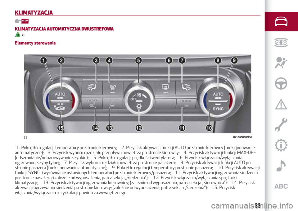 Alfa Romeo Giulia 2017 Instrukcja Obsługi (in Polish) KLIMATYZACJA
KLIMATYZACJA AUTOMATYCZNA DWUSTREFOWA
2)
Elementy sterowania
1. Pokrętło regulacji temperatury po stronie kierowcy; 2. Przycisk aktywacji funkcji AUTO po stronie kierowcy (funkcjonowani Alfa Romeo Giulia 2017 Instrukcja Obsługi (in Polish) KLIMATYZACJA
KLIMATYZACJA AUTOMATYCZNA DWUSTREFOWA
2)
Elementy sterowania
1. Pokrętło regulacji temperatury po stronie kierowcy; 2. Przycisk aktywacji funkcji AUTO po stronie kierowcy (funkcjonowani