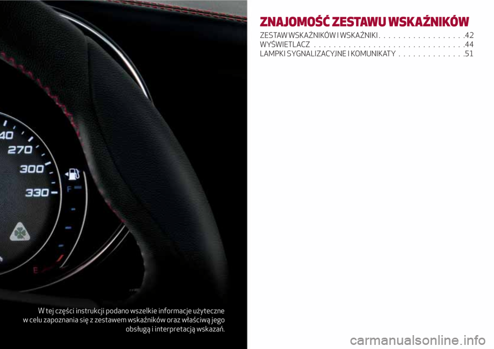 Alfa Romeo Giulia 2017  Instrukcja Obsługi (in Polish) W tej części instrukcji podano wszelkie informacje użyteczne
w celu zapoznania się z zestawem wskaźników oraz właściwą jego
obsługą i interpretacją wskazań.
ZNAJOMOŚĆ ZESTAWU WSKAŹNIK�