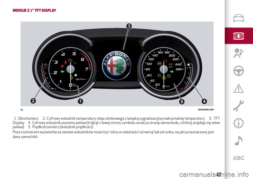Alfa Romeo Giulia 2017 Instrukcja Obsługi (in Polish) WERSJE Z 7” TFT DISPLAY
1. Obrotomierz 2. Cyfrowy wskaźnik temperatury oleju silnikowego z lampką sygnalizacyjną maksymalnej temperatury 3. TFT
Display 4. Cyfrowy wskaźnik poziomu paliwa (trójk Alfa Romeo Giulia 2017 Instrukcja Obsługi (in Polish) WERSJE Z 7” TFT DISPLAY
1. Obrotomierz 2. Cyfrowy wskaźnik temperatury oleju silnikowego z lampką sygnalizacyjną maksymalnej temperatury 3. TFT
Display 4. Cyfrowy wskaźnik poziomu paliwa (trójk