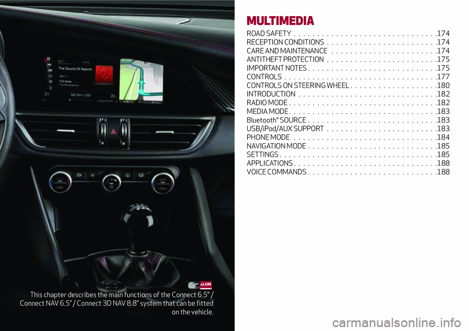 Alfa Romeo Giulia 2016  Owners Manual This chapter describes the main functions of the Connect 6.5” /
Connect NAV 6.5” / Connect 3D NAV 8.8” system that can be fitted
on the vehicle.
MULTIMEDIA
ROAD SAFETY...........................