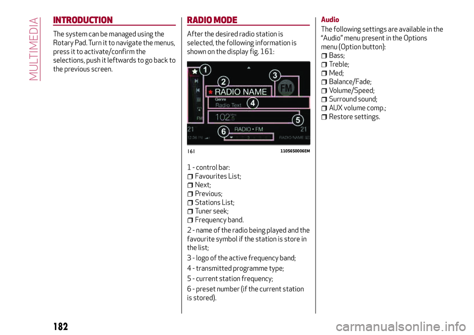 Alfa Romeo Giulia 2016 Owners Manual INTRODUCTION
The system can be managed using the
Rotary Pad. Turn it to navigate the menus,
press it to activate/confirm the
selections, push it leftwards to go back to
the previous screen.
RADIO MODE Alfa Romeo Giulia 2016 Owners Manual INTRODUCTION
The system can be managed using the
Rotary Pad. Turn it to navigate the menus,
press it to activate/confirm the
selections, push it leftwards to go back to
the previous screen.
RADIO MODE