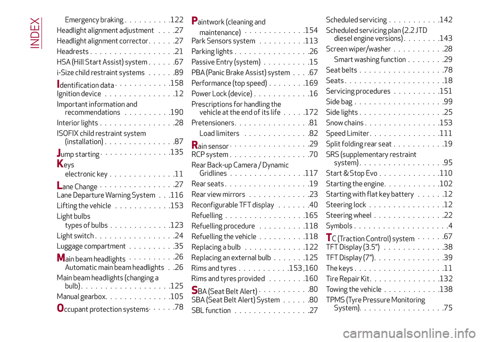 Alfa Romeo Giulia 2016  Owners Manual Emergency braking..........122
Headlight alignment adjustment....27
Headlight alignment corrector......27
Headrests..................21
HSA (Hill Start Assist) system......67
i-Size child restraint sy