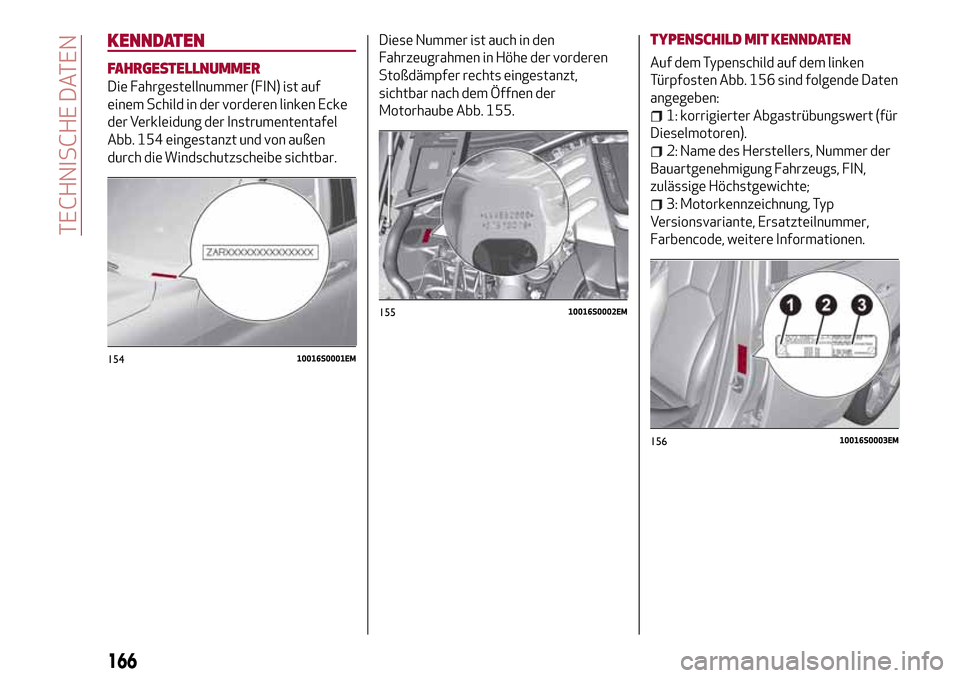 Alfa Romeo Giulia 2016 Betriebsanleitung (in German) KENNDATEN
FAHRGESTELLNUMMER
Die Fahrgestellnummer (FIN) ist auf
einem Schild in der vorderen linken Ecke
der Verkleidung der Instrumententafel
Abb. 154 eingestanzt und von außen
durch die Windschutzs Alfa Romeo Giulia 2016 Betriebsanleitung (in German) KENNDATEN
FAHRGESTELLNUMMER
Die Fahrgestellnummer (FIN) ist auf
einem Schild in der vorderen linken Ecke
der Verkleidung der Instrumententafel
Abb. 154 eingestanzt und von außen
durch die Windschutzs