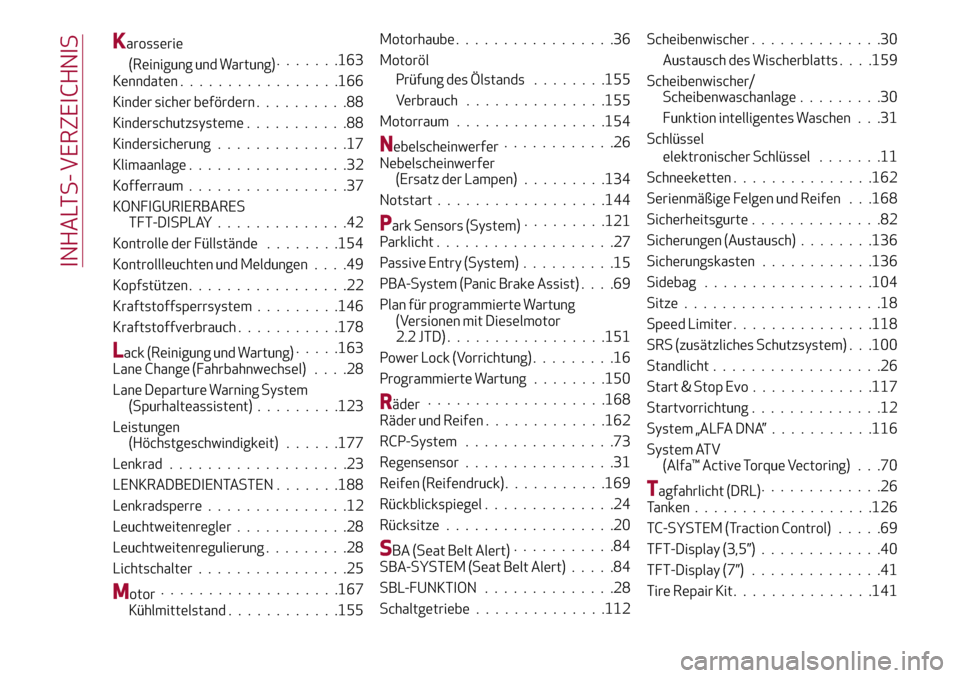 Alfa Romeo Giulia 2016  Betriebsanleitung (in German) Karosserie
(Reinigung und Wartung).......163
Kenndaten.................166
Kinder sicher befördern..........88
Kinderschutzsysteme...........88
Kindersicherung..............17
Klimaanlage............