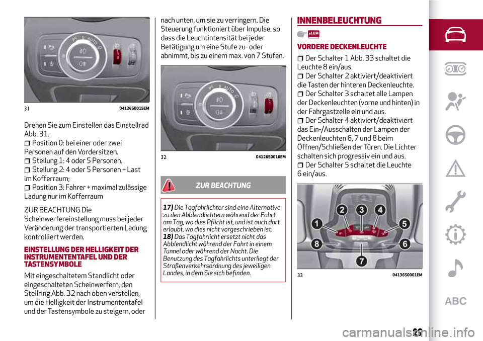 Alfa Romeo Giulia 2016 Betriebsanleitung (in German) Drehen Sie zum Einstellen das Einstellrad
Abb. 31.
Position 0: bei einer oder zwei
Personen auf den Vordersitzen.
Stellung 1: 4 oder 5 Personen.
Stellung 2: 4 oder 5 Personen + Last
im Kofferraum;
Pos Alfa Romeo Giulia 2016 Betriebsanleitung (in German) Drehen Sie zum Einstellen das Einstellrad
Abb. 31.
Position 0: bei einer oder zwei
Personen auf den Vordersitzen.
Stellung 1: 4 oder 5 Personen.
Stellung 2: 4 oder 5 Personen + Last
im Kofferraum;
Pos