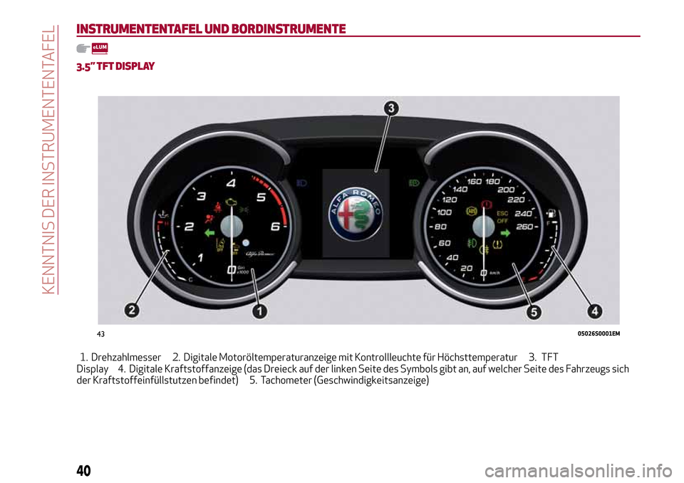 Alfa Romeo Giulia 2016 Betriebsanleitung (in German) INSTRUMENTENTAFEL UND BORDINSTRUMENTE
3.5” TFT DISPLAY
1. Drehzahlmesser 2. Digitale Motoröltemperaturanzeige mit Kontrollleuchte für Höchsttemperatur 3. TFT
Display 4. Digitale Kraftstoffanzeige Alfa Romeo Giulia 2016 Betriebsanleitung (in German) INSTRUMENTENTAFEL UND BORDINSTRUMENTE
3.5” TFT DISPLAY
1. Drehzahlmesser 2. Digitale Motoröltemperaturanzeige mit Kontrollleuchte für Höchsttemperatur 3. TFT
Display 4. Digitale Kraftstoffanzeige