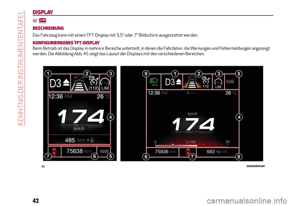Alfa Romeo Giulia 2016 Betriebsanleitung (in German) DISPLAY
BESCHREIBUNG
Das Fahrzeug kann mit einem TFT-Display mit 3,5“ oder 7“ Bildschirm ausgestattet werden.
KONFIGURIERBARES TFT-DISPLAY
Beim Betrieb ist das Display in mehrere Bereiche untertei Alfa Romeo Giulia 2016 Betriebsanleitung (in German) DISPLAY
BESCHREIBUNG
Das Fahrzeug kann mit einem TFT-Display mit 3,5“ oder 7“ Bildschirm ausgestattet werden.
KONFIGURIERBARES TFT-DISPLAY
Beim Betrieb ist das Display in mehrere Bereiche untertei