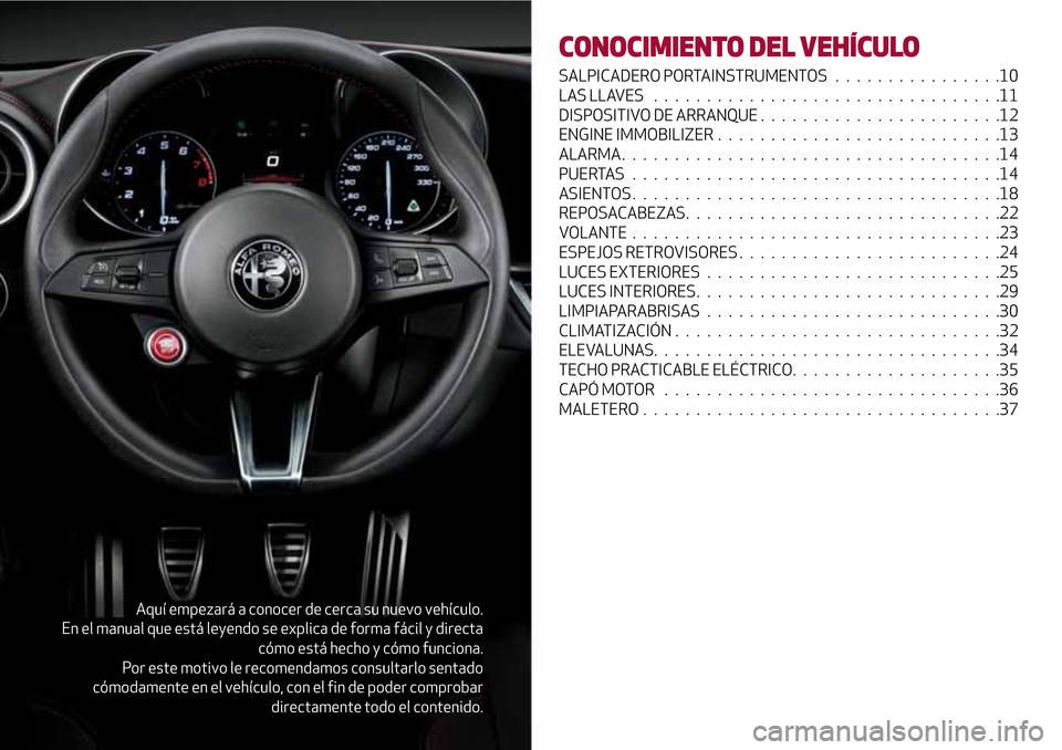 Alfa Romeo Giulia 2016  Manual del propietario (in Spanish) Aquí empezará a conocer de cerca su nuevo vehículo.
En el manual que está leyendo se explica de forma fácil y directa
cómo está hecho y cómo funciona.
Por este motivo le recomendamos consultar