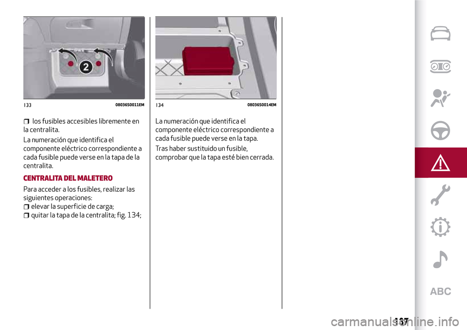 Alfa Romeo Giulia 2016 Manual del propietario (in Spanish) los fusibles accesibles libremente en
la centralita.
La numeración que identifica el
componente eléctrico correspondiente a
cada fusible puede verse en la tapa de la
centralita.
CENTRALITA DEL MALET Alfa Romeo Giulia 2016 Manual del propietario (in Spanish) los fusibles accesibles libremente en
la centralita.
La numeración que identifica el
componente eléctrico correspondiente a
cada fusible puede verse en la tapa de la
centralita.
CENTRALITA DEL MALET