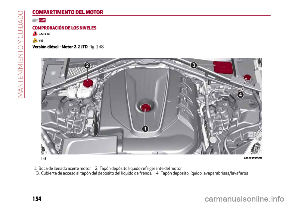 Alfa Romeo Giulia 2016 Manual del propietario (in Spanish) COMPARTIMENTO DEL MOTOR
COMPROBACIÓN DE LOS NIVELES
142) 143)
55)
Versión diésel - Motor 2.2 JTD, fig. 148
1. Boca de llenado aceite motor 2. Tapón depósito líquido refrigerante del motor
3. Cub Alfa Romeo Giulia 2016 Manual del propietario (in Spanish) COMPARTIMENTO DEL MOTOR
COMPROBACIÓN DE LOS NIVELES
142) 143)
55)
Versión diésel - Motor 2.2 JTD, fig. 148
1. Boca de llenado aceite motor 2. Tapón depósito líquido refrigerante del motor
3. Cub