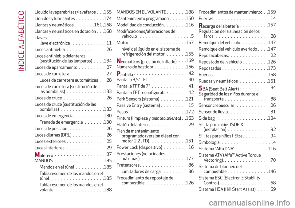 Alfa Romeo Giulia 2016  Manual del propietario (in Spanish) Líquido lavaparabrisas/lavafaros . . .155
Líquidos y lubricantes..........174
Llantas y neumáticos.......161 ,168
Llantas y neumáticos en dotación . . .168
Llaves
llave electrónica............11