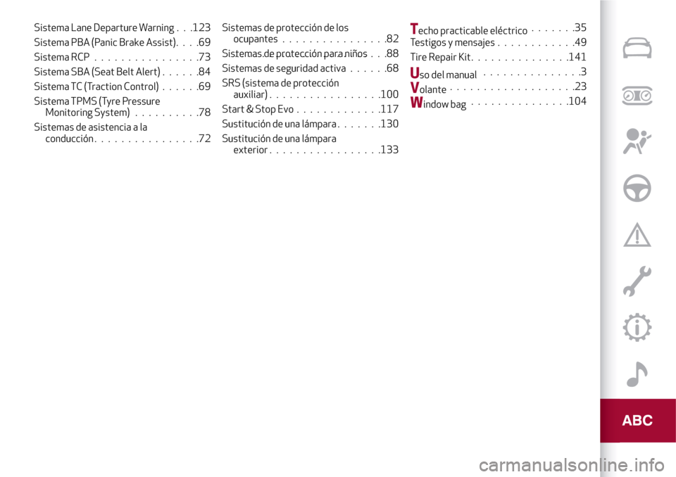 Alfa Romeo Giulia 2016  Manual del propietario (in Spanish) Sistema Lane Departure Warning . . .123
Sistema PBA (Panic Brake Assist)....69
Sistema RCP................73
Sistema SBA (Seat Belt Alert)......84
Sistema TC (Traction Control)......69
Sistema TPMS (T