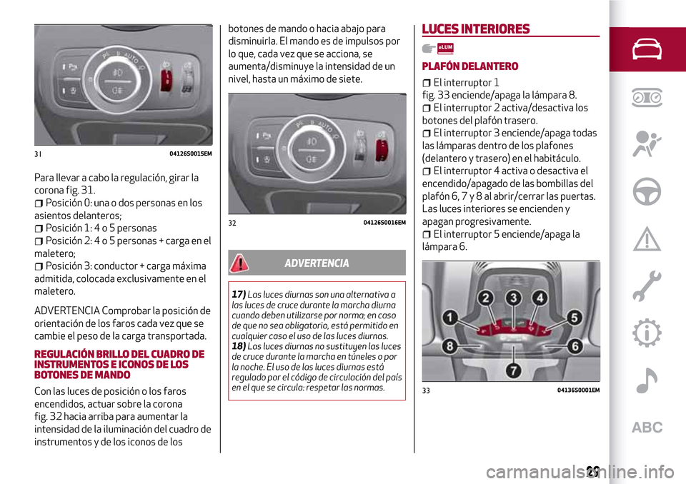 Alfa Romeo Giulia 2016 Manual del propietario (in Spanish) Para llevar a cabo la regulación, girar la
corona fig. 31.
Posición 0: una o dos personas en los
asientos delanteros;
Posición 1:4o5personas
Posición 2:4o5personas + carga en el
maletero;
Posició Alfa Romeo Giulia 2016 Manual del propietario (in Spanish) Para llevar a cabo la regulación, girar la
corona fig. 31.
Posición 0: una o dos personas en los
asientos delanteros;
Posición 1:4o5personas
Posición 2:4o5personas + carga en el
maletero;
Posició
