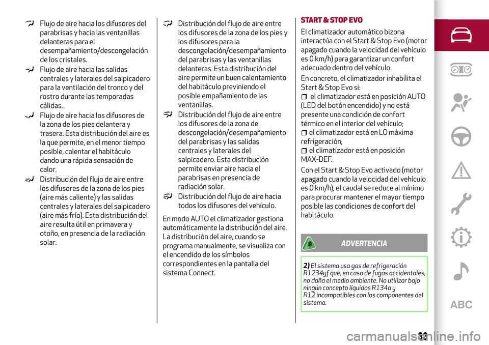 Alfa Romeo Giulia 2016 Manual del propietario (in Spanish) Flujo de aire hacia los difusores del
parabrisas y hacia las ventanillas
delanteras para el
desempañamiento/descongelación
de los cristales.
Flujo de aire hacia las salidas
centrales y laterales del Alfa Romeo Giulia 2016 Manual del propietario (in Spanish) Flujo de aire hacia los difusores del
parabrisas y hacia las ventanillas
delanteras para el
desempañamiento/descongelación
de los cristales.
Flujo de aire hacia las salidas
centrales y laterales del