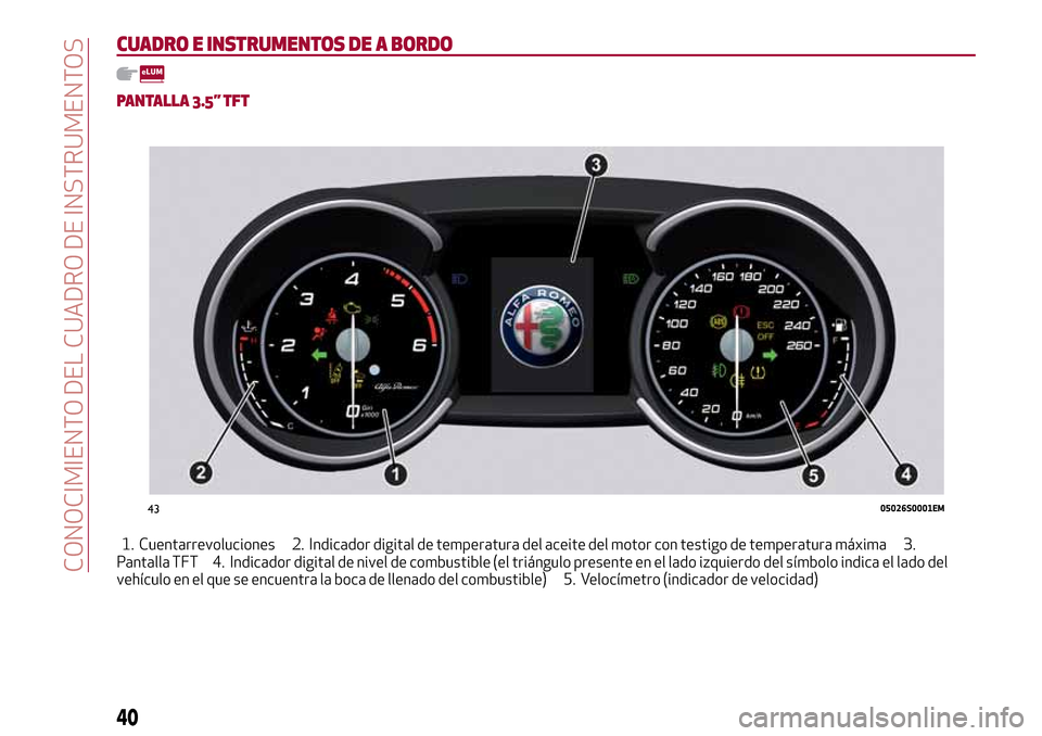 Alfa Romeo Giulia 2016 Manual del propietario (in Spanish) CUADRO E INSTRUMENTOS DE A BORDO
PANTALLA 3.5” TFT
1. Cuentarrevoluciones 2. Indicador digital de temperatura del aceite del motor con testigo de temperatura máxima 3.
Pantalla TFT 4. Indicador dig Alfa Romeo Giulia 2016 Manual del propietario (in Spanish) CUADRO E INSTRUMENTOS DE A BORDO
PANTALLA 3.5” TFT
1. Cuentarrevoluciones 2. Indicador digital de temperatura del aceite del motor con testigo de temperatura máxima 3.
Pantalla TFT 4. Indicador dig