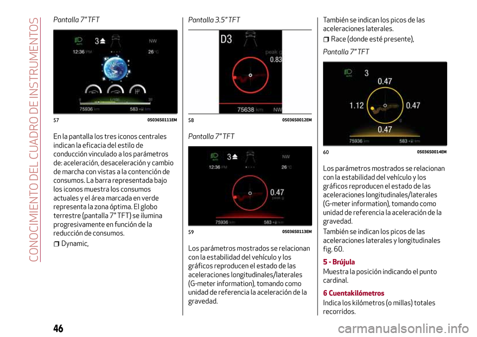 Alfa Romeo Giulia 2016  Manual del propietario (in Spanish) Pantalla 7” TFT
En la pantalla los tres iconos centrales
indican la eficacia del estilo de
conducción vinculado a los parámetros
de: aceleración, desaceleración y cambio
de marcha con vistas a l