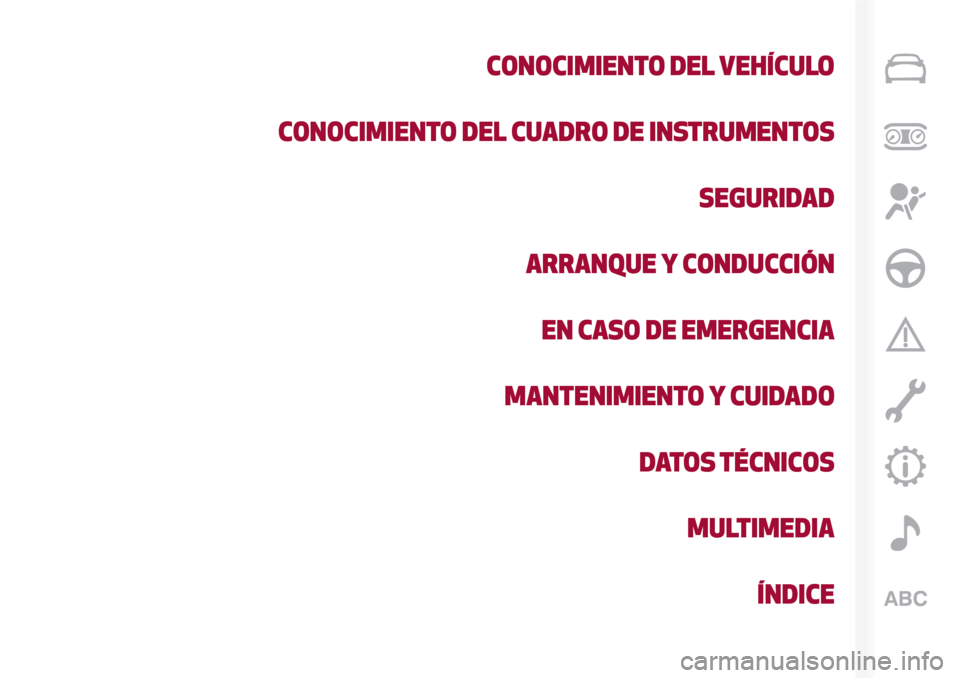 Alfa Romeo Giulia 2016  Manual del propietario (in Spanish) CONOCIMIENTO DEL VEHÍCULO
CONOCIMIENTO DEL CUADRO DE INSTRUMENTOS
SEGURIDAD
ARRANQUE Y CONDUCCIÓN
EN CASO DE EMERGENCIA
MANTENIMIENTO Y CUIDADO
DATOS TÉCNICOS
MULTIMEDIA
ÍNDICE 