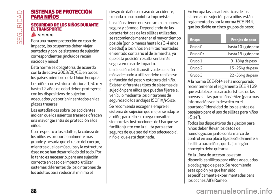 Alfa Romeo Giulia 2016 Manual del propietario (in Spanish) SISTEMAS DE PROTECCIÓN
PARA NIÑOS
SEGURIDAD DE LOS NIÑOS DURANTE
EL TRANSPORTE
73) 74) 75) 76)
Para una mayor protección en caso de
impacto, los ocupantes deben viajar
sentados y con los sistemas Alfa Romeo Giulia 2016 Manual del propietario (in Spanish) SISTEMAS DE PROTECCIÓN
PARA NIÑOS
SEGURIDAD DE LOS NIÑOS DURANTE
EL TRANSPORTE
73) 74) 75) 76)
Para una mayor protección en caso de
impacto, los ocupantes deben viajar
sentados y con los sistemas