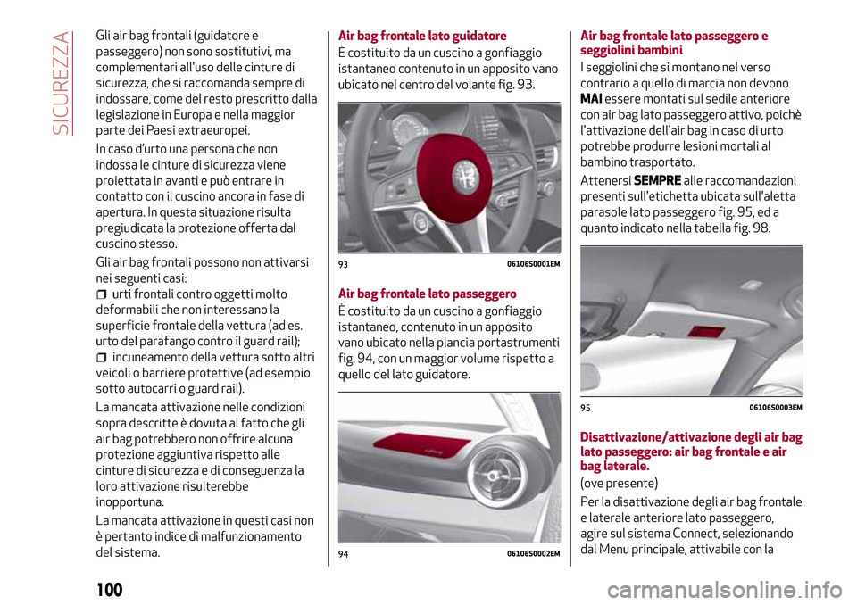 Alfa Romeo Giulia 2016 Manuale del proprietario (in Italian) Gli air bag frontali (guidatore e
passeggero) non sono sostitutivi, ma
complementari alluso delle cinture di
sicurezza, che si raccomanda sempre di
indossare, come del resto prescritto dalla
legislaz Alfa Romeo Giulia 2016 Manuale del proprietario (in Italian) Gli air bag frontali (guidatore e
passeggero) non sono sostitutivi, ma
complementari alluso delle cinture di
sicurezza, che si raccomanda sempre di
indossare, come del resto prescritto dalla
legislaz