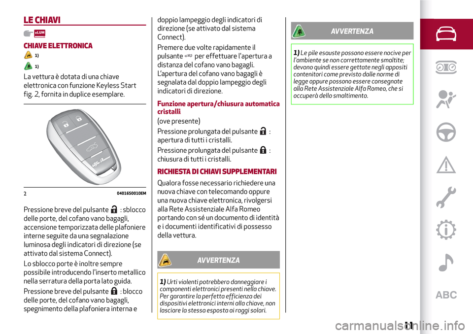 Alfa Romeo Giulia 2016  Manuale del proprietario (in Italian) LE CHIAVI
CHIAVE ELETTRONICA
1)
1)
La vettura è dotata di una chiave
elettronica con funzione Keyless Start
fig. 2, fornita in duplice esemplare.
Pressione breve del pulsante
: sblocco
delle porte, d