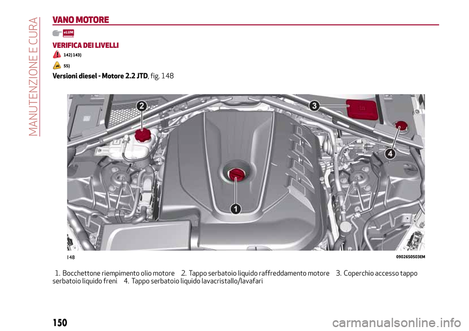Alfa Romeo Giulia 2016 Manuale del proprietario (in Italian) VANO MOTORE
VERIFICA DEI LIVELLI
142) 143)
55)
Versioni diesel - Motore 2.2 JTD, fig. 148
1. Bocchettone riempimento olio motore 2. Tappo serbatoio liquido raffreddamento motore 3. Coperchio accesso t Alfa Romeo Giulia 2016 Manuale del proprietario (in Italian) VANO MOTORE
VERIFICA DEI LIVELLI
142) 143)
55)
Versioni diesel - Motore 2.2 JTD, fig. 148
1. Bocchettone riempimento olio motore 2. Tappo serbatoio liquido raffreddamento motore 3. Coperchio accesso t