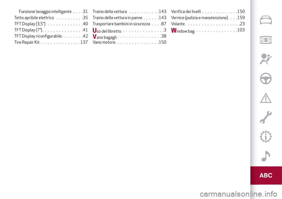 Alfa Romeo Giulia 2016  Manuale del proprietario (in Italian) Funzione lavaggio intelligente....31
Tetto apribile elettrico..........35
TFT Display (3,5”).............40
TFT Display (7”)...............41
TFT Display riconfigurabile........42
Tire Repair Kit.