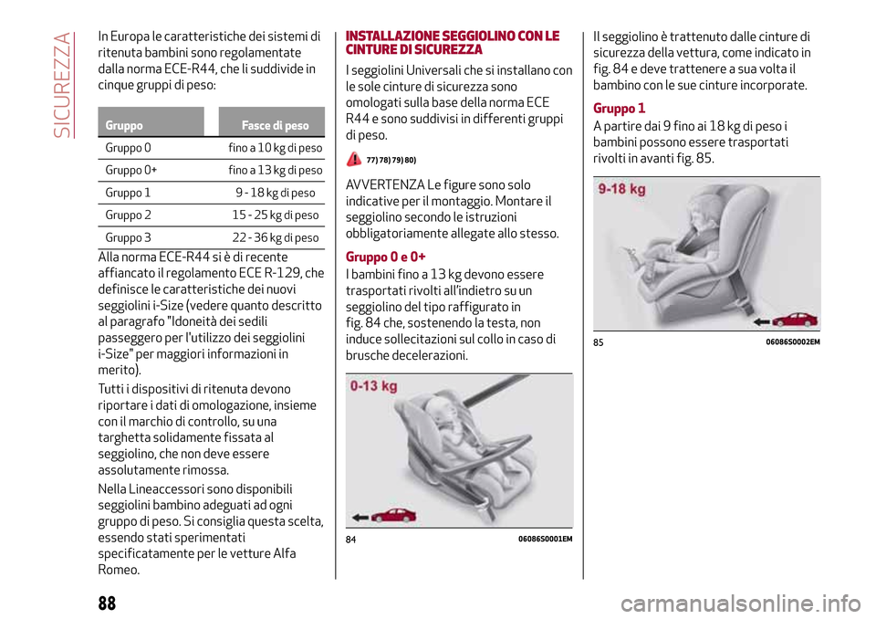Alfa Romeo Giulia 2016 Manuale del proprietario (in Italian) In Europa le caratteristiche dei sistemi di
ritenuta bambini sono regolamentate
dalla norma ECE-R44, che li suddivide in
cinque gruppi di peso:
Gruppo Fasce di peso
Gruppo 0 fino a 10 kg di peso
Grupp Alfa Romeo Giulia 2016 Manuale del proprietario (in Italian) In Europa le caratteristiche dei sistemi di
ritenuta bambini sono regolamentate
dalla norma ECE-R44, che li suddivide in
cinque gruppi di peso:
Gruppo Fasce di peso
Gruppo 0 fino a 10 kg di peso
Grupp