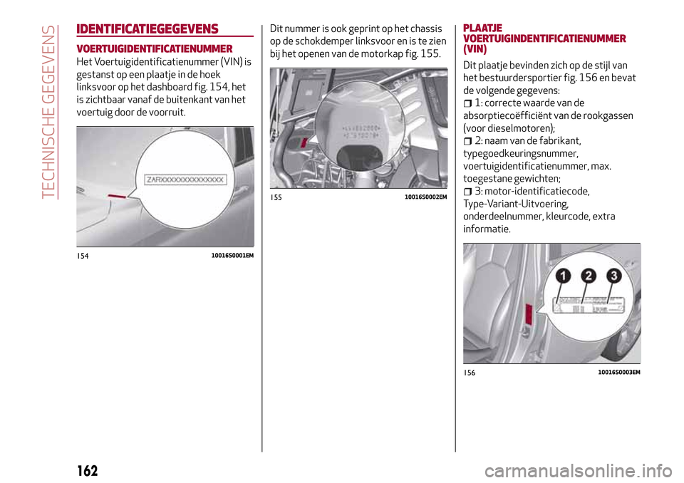 Alfa Romeo Giulia 2016 Handleiding (in Dutch) IDENTIFICATIEGEGEVENS
VOERTUIGIDENTIFICATIENUMMER
Het Voertuigidentificatienummer (VIN) is
gestanst op een plaatje in de hoek
linksvoor op het dashboard fig. 154, het
is zichtbaar vanaf de buitenkant Alfa Romeo Giulia 2016 Handleiding (in Dutch) IDENTIFICATIEGEGEVENS
VOERTUIGIDENTIFICATIENUMMER
Het Voertuigidentificatienummer (VIN) is
gestanst op een plaatje in de hoek
linksvoor op het dashboard fig. 154, het
is zichtbaar vanaf de buitenkant