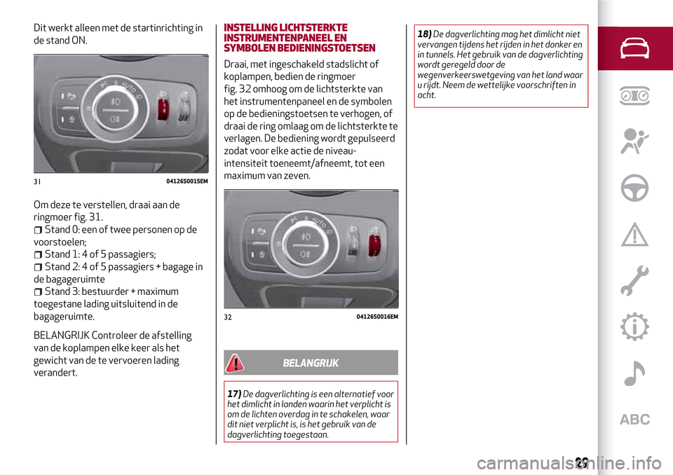 Alfa Romeo Giulia 2016 Handleiding (in Dutch) Dit werkt alleen met de startinrichting in
de stand ON.
Om deze te verstellen, draai aan de
ringmoer fig. 31.
Stand 0: een of twee personen op de
voorstoelen;
Stand 1: 4 of 5 passagiers;
Stand 2: 4 of Alfa Romeo Giulia 2016 Handleiding (in Dutch) Dit werkt alleen met de startinrichting in
de stand ON.
Om deze te verstellen, draai aan de
ringmoer fig. 31.
Stand 0: een of twee personen op de
voorstoelen;
Stand 1: 4 of 5 passagiers;
Stand 2: 4 of