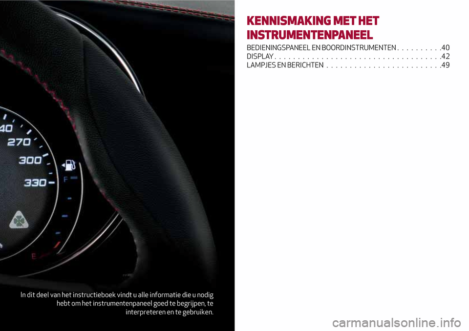 Alfa Romeo Giulia 2016  Handleiding (in Dutch) In dit deel van het instructieboek vindt u alle informatie die u nodig
hebt om het instrumentenpaneel goed te begrijpen, te
interpreteren en te gebruiken.
KENNISMAKING MET HET
INSTRUMENTENPANEEL
BEDIE